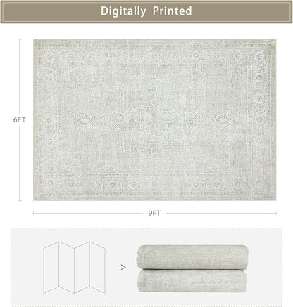 Washable Rugs 6x9 Area Rugs for Living Room,Bedroom,Large Carpets,Ultra Soft Faux Wool Retro Dining Room Rug,Non Slip&Non-Shedding Low Pile Vintage Rugs for Home Office,Concrete Grey