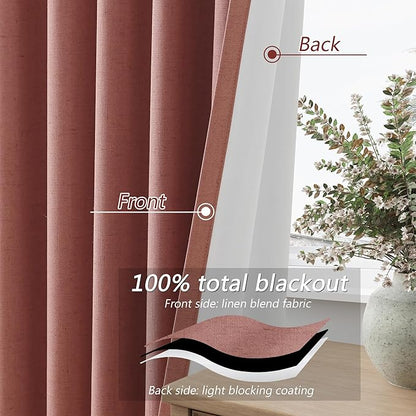 Dusty Rose 100% Blackout Linen Curtains 102 Inch Length 2 Panels Set for Girls Bedroom Back Tab Thermal Insulated Black Out Drapes Room Darkening Farmhouse Style for Bedroom Window Curtains 52x102