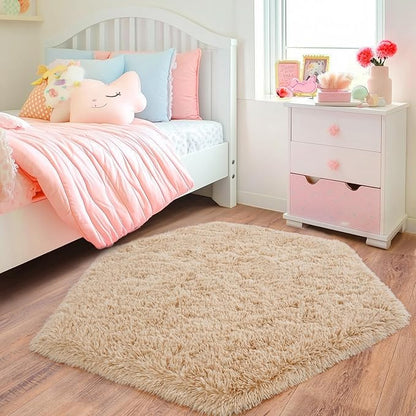 4x4.6 Feet Beige Hexagon Rugs for Princess Tent, Ultra Soft Fluffy Hexagon Area Rug for Bedroom, Cute Shag Rugs for Girls Room, Fuzzy Plush Carpet for Kids Room Tent Castle Home Decor