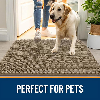 OLANLY Dog Door Mat for Muddy Paws 34x21, Absorbs Moisture and Dirt, Absorbent Non-Slip Washable Doormat, Quick Dry Chenille Mud Mat for Dogs, Entry Indoor Entryway Carpet for Inside Floor, Tan