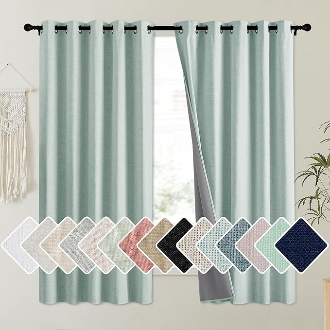 NICETOWN 100% Absolutely Blackout Linen Curtains with Thermal Insulated Liner, Seafoam Green, 62" Wide, 63" Length Energy Saving Curtains for Kitchen 2 Panels Set, Vertical Blinds