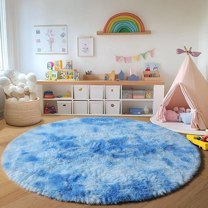 ONASAR Round Rugs 6ft for Living Room Bedroom, Tie-Dye Blue Fluffy Circle Area Rug for Kids Girls Boys Teen, Soft Plush Shaggy Carpet for Nursery Dorm Classroom Playroom Home Decor Aesthetic
