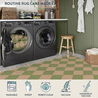 Lahome Colette Green Checkered Easy Jute Rug, 3x5 Washable Outdoor Rug Neutral Rug for Entryway, Checkerboard Non Slip Non Shedding Floor Carpet for Living Room Front Door Porch