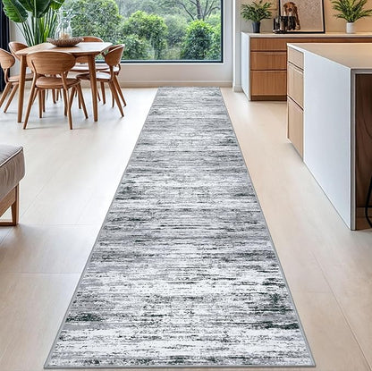 Lansny Modern Abstract Runner Rug 2.6x16, Black Grey White Washable Long Kitchen Runner Non-Slip Soft Hallway Rug Runner Thin Print Faux Wool Carpet for Entryway Bedroom Laundry Room Indoor Home Decor