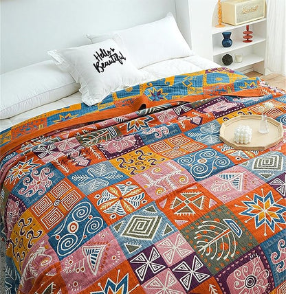 MSGKV Boho Throw Blanket 90''x98'' 100% Cotton Spring Blanket for Couch Bed, Muslin Bed Quilts Home Decor Gift for All Seasons