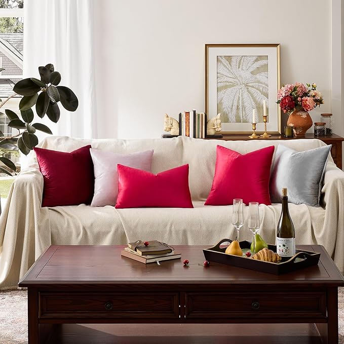 GIGIZAZA Decorative Throw Pillow Covers 26x26,Set of 2 Red Square Couch Pillow Covers,Velvet Sofa Boho Cushion Pillows