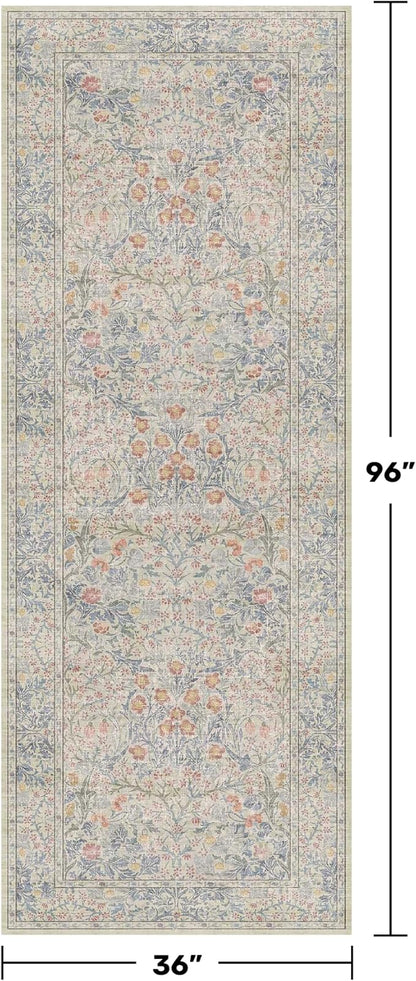 Hazo Haus Floral 3x8 Wide Hallway Runner - Beige Blue with Lilic Accent, Boho Forest Decor, Washable Low Pile Non Slip Stain Resistant Rug for Long Kitchen, Large Bathroom, Hall Way
