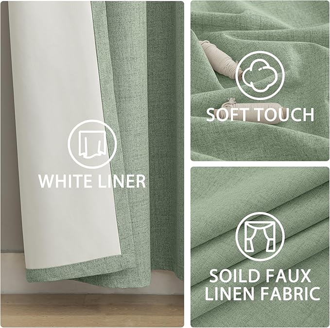 Yakamok Light Sage Green Linen Curtains 100% Blackout 84 Inches Long,Room Darkening Textured Curtains for Living Room Thermal Grommet Bedroom Curtains 2 Panels with White Liner