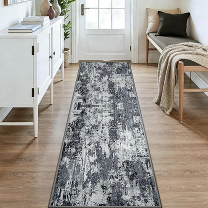 Washable Area Rugs 3x9 Non-Slip Modern Abstract Soft for Living Room Entryway Bedroom Nursery, Print Pattern, Black Navy Blue Gray