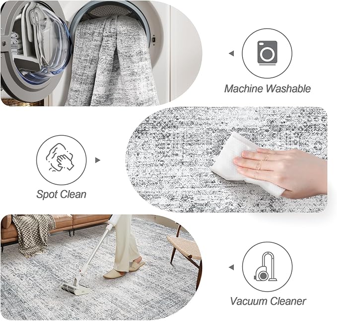 6x6 Grey Round Rug 6ft Living Room Circle Rug Gray Vintage Round Area Rug Non Slip Indoor Carpet for Dining Room Bedroom