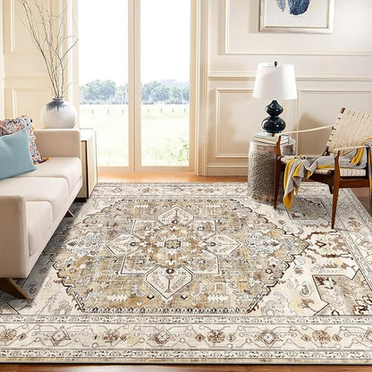 Yamaziot Area Rug 5x7, Non-Slip Washable Boho Vintage Living Room Bedroom Rug with Rubber Backing, Low Pile Faux Wool Soft Distressed Rug Floor Carpet for Living Room, Bedroom