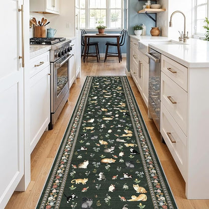 2x10 Washable Hallway Runner Rug - Soft Low Pile Floral Animal Cat Print Rugs with Non-Slip Backing Waterproof Stain-Resistant Indoor Carpet for Kitchen Entryway Bathroom Bedroom (Sage Green)