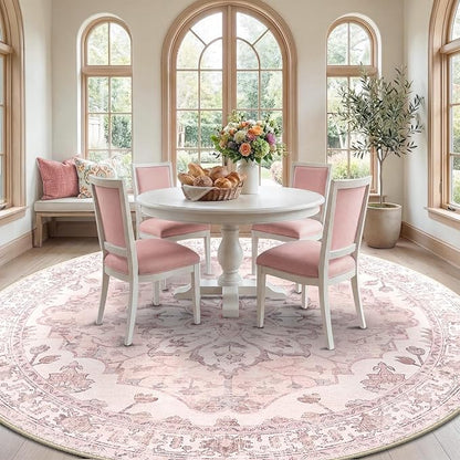 Area Rugs 8ft Washable Non-Slip, Floral Vintage Distress Print Pattern Medallion Carpet for Living Room Bedroom Dining Room, Pink Greypink Cute