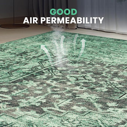 Washable Rugs 8x10 Area Rugs for Living Room- Vintage Green Rugs for Bedroom,Dining Room, Large Soft Low Pile Carpet with Non Slip Rubber Backing,Neutral Accent Rug for Nursery Home Office