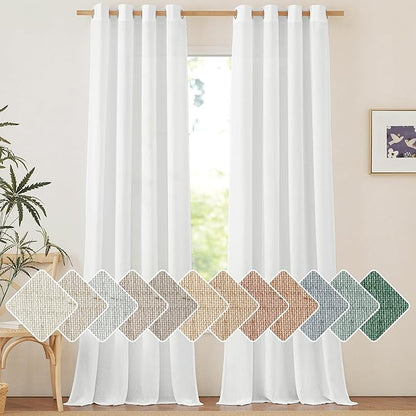 NICETOWN Linen Flax Semi Sheer Curtains 94" Length, Grommet Window Treatments Privacy Added with Light Penetration Vertical Drapes for Loft/Home Office, White, W55 x L94, 2 Panels