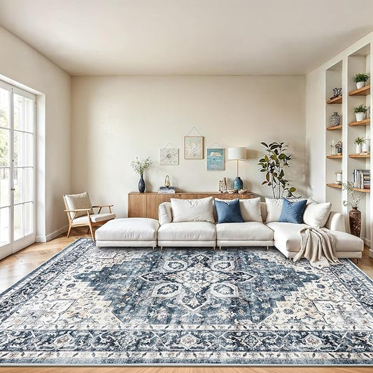 AMADA HOMEFURNISHING 8x10 Washable Area Rug, Low-Profile with Non-Slip Backing & Durable Edge Binding, Vintage Large Rugs for Living Room, Bedroom, Dining Room, Blue
