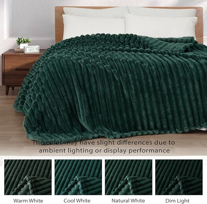 Exclusivo Mezcla Queen Size Flannel Fleece Blanket, Super Soft Striped Jacquard Bed Blanket, Lightweight Fuzzy Cozy for All Seasons, 90x90 Inches, Forest Green