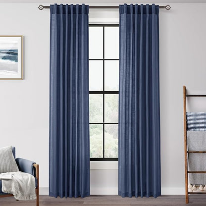 Navy Blue Curtains 90 inch Length for Bedroom Back Tab Light Filtering Semi Sheer Blue Living Room Curtains Linen Cotton Textured Indigo Blue Drapery Panel Modern Aesthetic Decor 42" Wx90 L