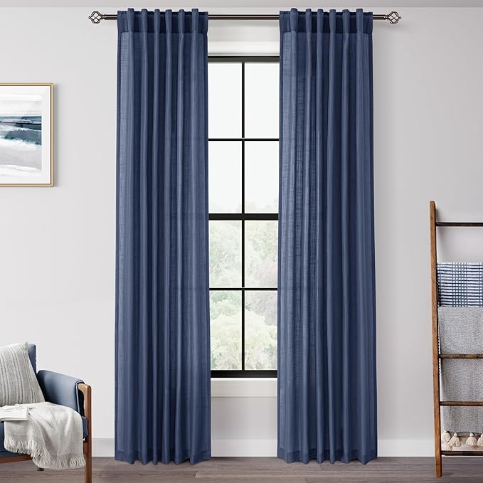 Navy Blue Curtains 84 inch Length for Bedroom Back Tab Light Filtering Semi Sheer Blue Living Room Curtains Linen Cotton Textured Indigo Blue Drapery Panel Modern Aesthetic Decor 42" Wx84 L