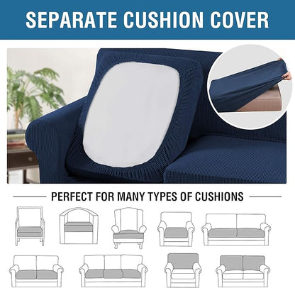 H.VERSAILTEX 3 Piece Stretch Sofa Covers for 2 Cushion Sofa Couch Covers for Living Room Sofa Slipcovers (Base Cover Plus 2 Seat Cushion Covers) Thicker Jacquard Fabric(Large Sofa, Navy)