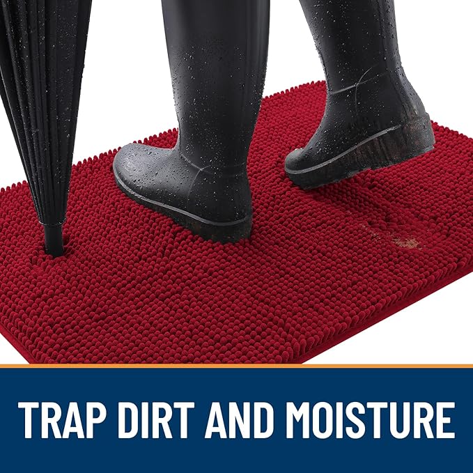 OLANLY Dog Door Mat for Muddy Paws 40x24, Absorbs Moisture and Dirt, Absorbent Non-Slip Washable Doormat, Quick Dry Chenille Mud Mat for Dogs, Entry Indoor Entryway Carpet for Inside Floor, Red