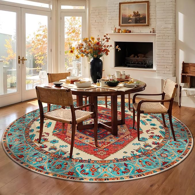SERISSA Boho Round Area Rug, 5ft Washable Non-Slip Circle Rug, Ultra Soft Oriental Vintage Orange Low-Pile Circular Carpet for Bedroom Entryway Kids Room Office College Dorm Living Room