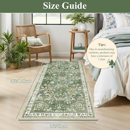 Yamaziot Washable Runner Rug 2x4 – Non Slip Boho Floral Hallway Runner Rug with Rubber Backing, Low Pile Faux Wool Distressed Carpet for Kitchen, Laundry, Bedroom, Entrance, Green
