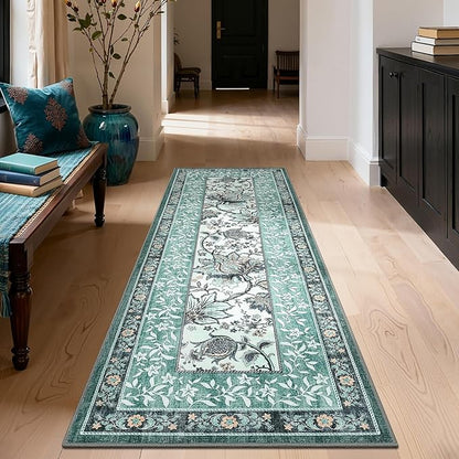 GarveeHome Teal 8x10 Area Rugs for Living Room, Botanical Grove Cottagecore Washable Rug for Bedroom Dining Nursery Low-Pile Vintage Large Carpet