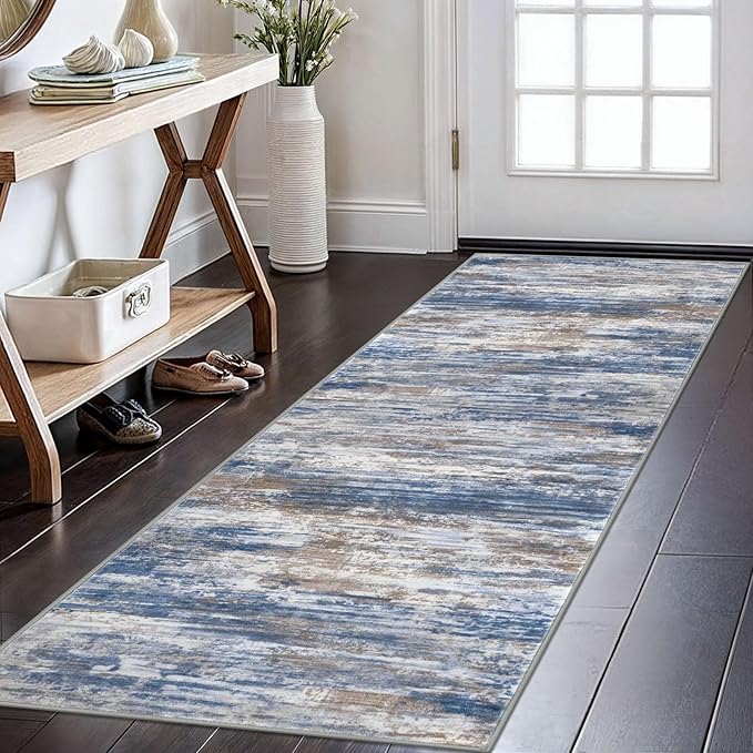 KOZYFLY Modern Abstract Runners for Hallways 2x6 Blue Rust Machine Washable Runner Rug for Entryway Non-Slip Kitchen Rug, Faux Wool Soft Low Pile Office Carpet for Dining Room, Bedroom, Bathroom