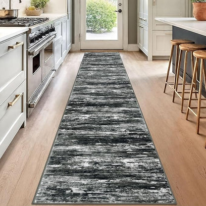 KOZYFLY Modern Abstract Runners for Hallways 2x12 Washable Rug Runner Non-Slip Soft Striped Kitchen Runner Rug, Black Grey Print Carpet Runner for Entryway Bathroom Laundry Room Foyer