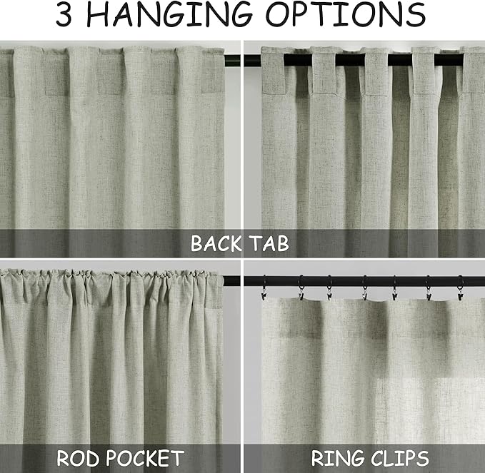 Sage Green Curtains 120 inches Long 2 panels for Living Room Back Tab Rod Pocket Semi Sheer Linen Drapes Neutral Room Decor Earth Tone Pale Green Curtains Ceiling to Floor Length for Diningroom