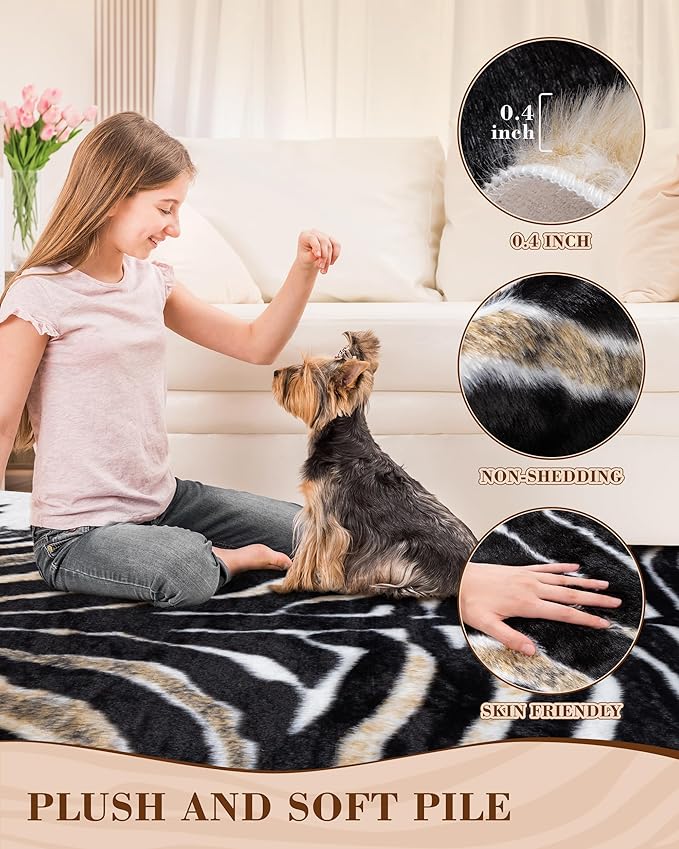 Zebra Print Rug for Living Room, Faux Fur Zebra Hide 5.2x7 Feet Animal Skin Rug for Bedroom Nursery Black and White