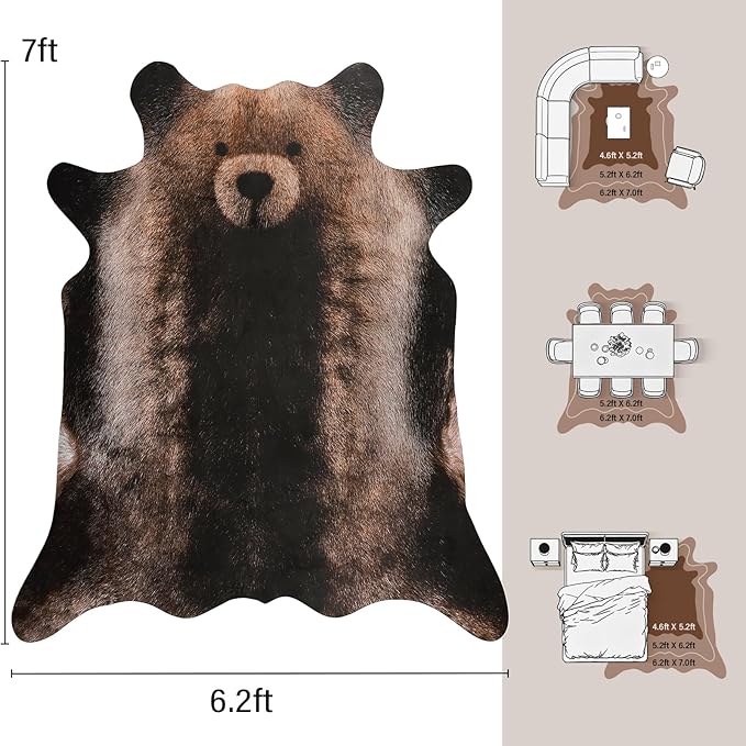 AROGAN Premium Bear Print Rug 6.2x7 Feet, Machine Washable Faux Fur Rug, Non-Slip Animal Print Hide Bear Skin Area Rug for Bedroom Living Room Home Decor