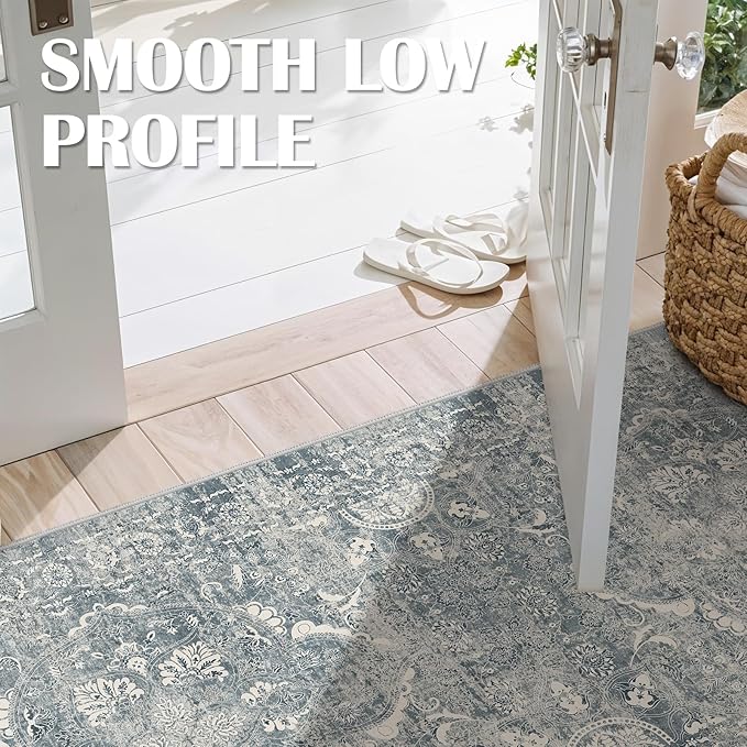 2x5 Washable Hallway Runner Rug - Non Slip Kitchen Runner Rugs with Rubber Backing Vintage Low-Pile Carpet Runners for Entryway Dining Room Laundry Room Home Decor (Blue)
