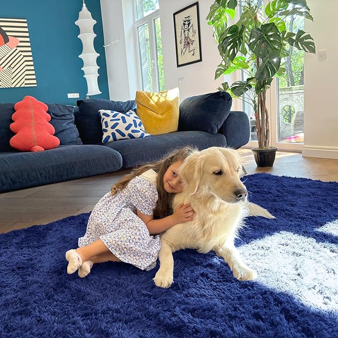 OLANLY 3x6 Machine Washable Runner Rugs for Hallway, Soft Fluffy Shaggy Bedside Rugs for Bedroom, Living Room, Indoor Floor Carpet for Kids Girls and Boys, Nursery Rooms, Home Decor, Navy Blue