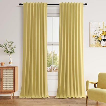 Guken Yellow 100% Blackout Linen Curtains 96 Inch Length 2 Panels Set for Living Room Bedroom Back Tab/Rod Pocket Thermal Insulated Black Out Drapes Room Darkening Window Curtains 96 Inches Long