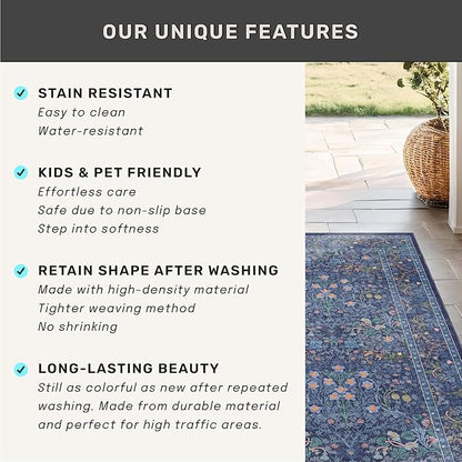 Dark Blue 2'6" x 10' Long Runner Rugs for Hallway, Oriental Floral Washable Non Slip Rug for Kitchen, Entryway Stain Resistant - Vintage Navy Blue Geometric Floral Décor