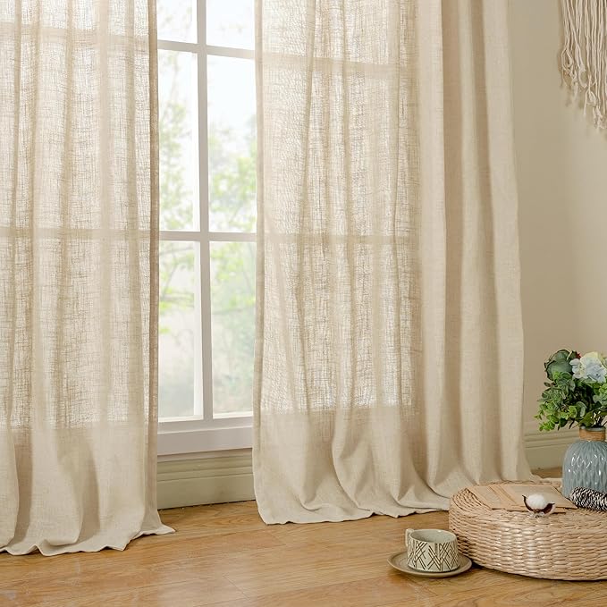 LAMIT Linen Kitchen Curtains 24 Inch Length, Semi Sheer Light Filtering Window Panels Back Tab and Rod Pocket Drapes for Basement/Small Windows, 25 x 24 Inch, 2 Panels