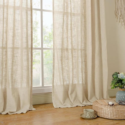 LAMIT Semi Sheer Linen Curtains 36 Inch Length 2 Panels, Light Filtering Panels Back Tab and Rod Pocket Neutral Drapes for Cafe/Kitchen/Loft Room, Linen, 25 x 36 Inch