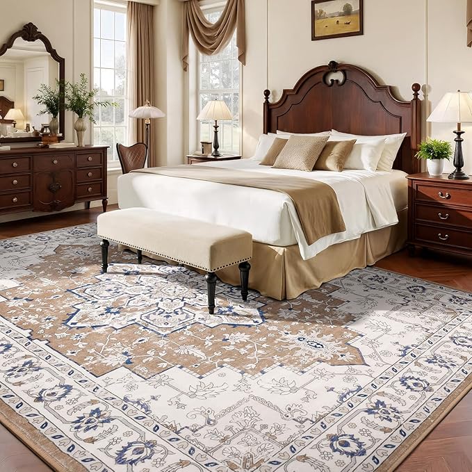 Rugflix 9x12 Area Rug for Living Room, Vintage Washable Area Rug Non Slip Backing Low Pile, Floral Soft Foldable Carpet for Bedroom Dining Room, Brown/Beige