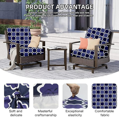 8Pcs Outdoor Cushion Covers, Patio Cushion Covers,Stretch Elastic Slipcovers, Replacement Washable & Reusable Furniture Protector for Patio Couch(Dark Blue Geometric Pattern,8PCS)
