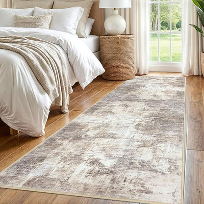 IOHOUZE Abstract Runner Rug 3x8 Ft Washable Runners for Hallways, Non Slip Kitchen Runner Printed Faux Wool Entryway Runner Indoor, Modern Abstract Floor Carpet for Hall Kitchen Bedroom, Beige Brown