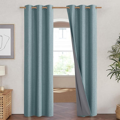 NICETOWN 100% Absolutely Blackout Linen Curtains with Thermal Insulated White Liner, Skylark Blue, 42 inches Wide, 84 inches Length Energy Saving Curtains for Living Room 2 Panels Set, Vertical Blinds