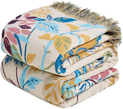 MSGKV Boho Throw Blanket for Couch Cotton Floral Blanket 50"x60" Throws for Sofa Chair Muslin Spring Breathable Lightweight Farmhouse Blankets Home Decor All Seasons