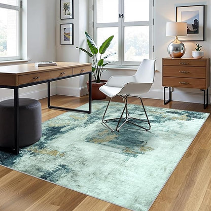 5x8 Area Rugs for Living Room Rug Washable: Abstract Rug for Dining Room Bedroom Carpet Non Slip 5 by 8 Indoor Modern Nursery Home Office Teal Grey Gold