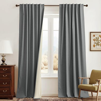 RYB HOME Grey Linen Blackout Curtains for Sliding Glass Door, 100% Blackout Linen Textured Thermal Privacy Modern Drape Panels for Dining Room Large Window, 52" W x 96" L, 2 Panels Set