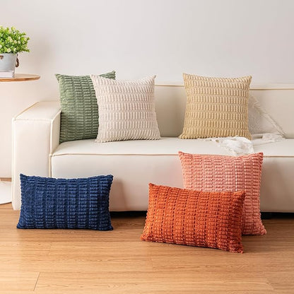 Pack of 2 Corduroy Decorative Throw Pillow Covers 24x24 InchSoft Striped Pillow Covers Modern Farmhouse Home Decor for Sofa Living Room Couch Bed（White）