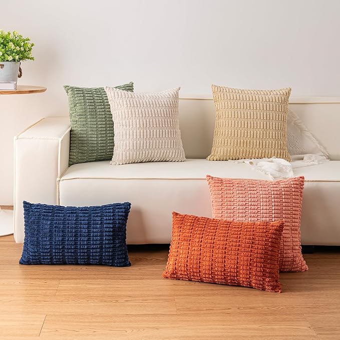 Pack of 2 Corduroy Decorative Throw Pillow Covers 24x24 InchSoft Striped Pillow Covers Modern Farmhouse Home Decor for Sofa Living Room Couch Bed（Green）