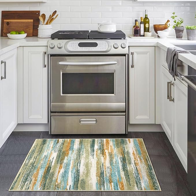 Lansny Modern Abstract Entryway Rug Indoor 2x3 Washable Rug Non-Slip Soft Small Area Rug Green Mustard Multi Kitchen Mats Thin Print Faux Wool Floor Carpet Throw Rugs for Entrance Bedroom Home Decor