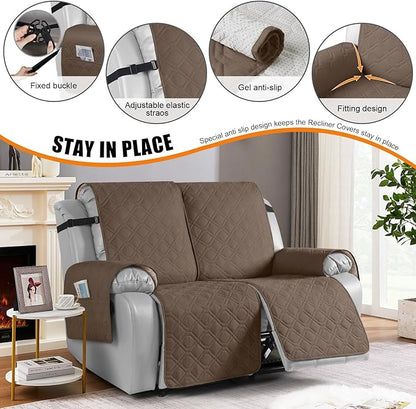 VANSOFY Waterproof Recliner Couch Covers, Sofa Covers 1-Piece Washable Reclining Sofa Cover Non-Slip Furniture Protector with Elastic Straps Pocket for Dogs, Pets(Brown,2 Seater)